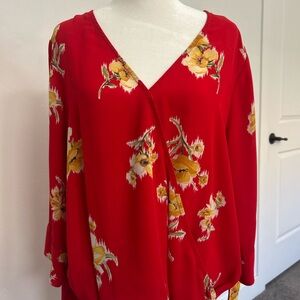 West Kei Red Floral‎ Print Long Sleeve Surplice Blouse Size L